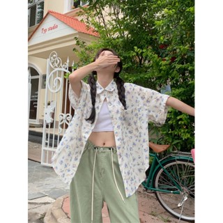 Suxi เสื้อเบลาส์แขนสั้น ลายดอกไม้ ฤดูร้อน สไตล์เกาหลี หลวม ความยาวปานกลาง เสื้อกันแดด