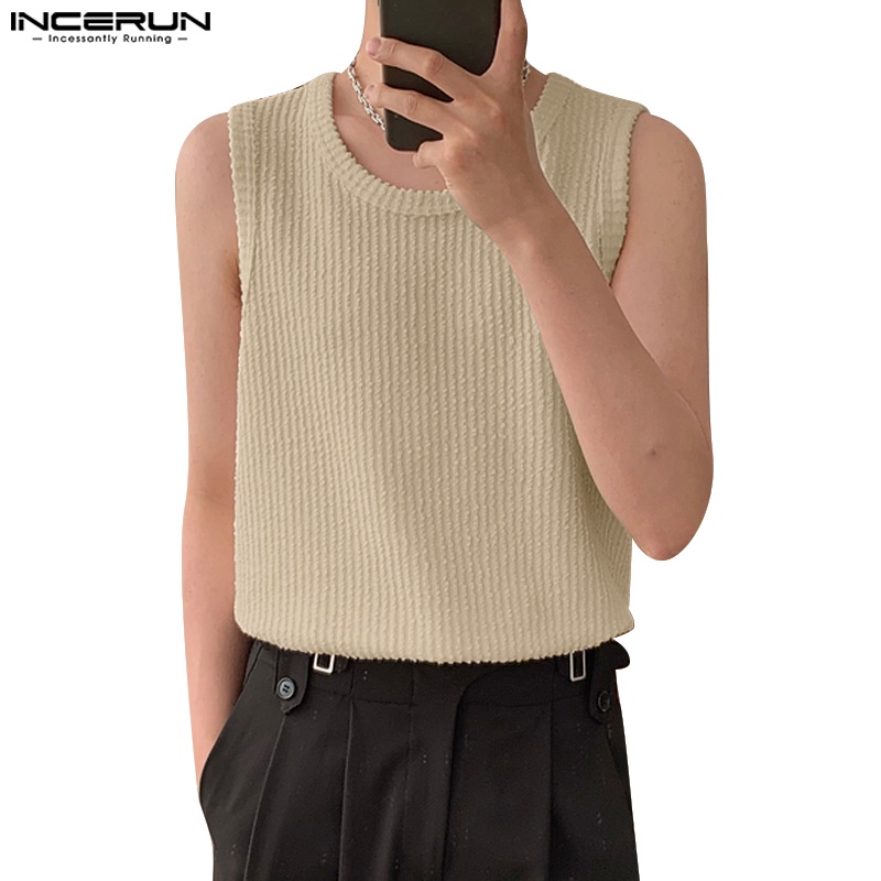 Tanks 173 บาท Incerun เสื้อกล้าม คอกลม แขนกุด ลายทาง สีพื้น สไตล์เกาหลี สําหรับผู้ชาย Men Clothes