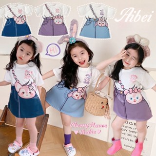 【Aibei】ชุดเด็กผู้หญิง ชุดเด็กผู้หญิง/เสื้อยืดพิมพ์ลาย ลายการ์ตูนน่ารัก