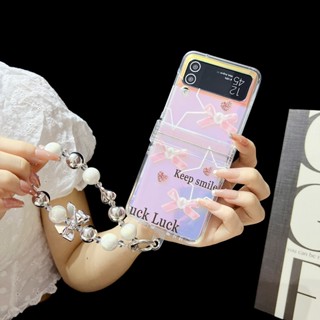 Hoce 3in1 เคสโทรศัพท์มือถือแบบใส ประดับโบว์ พร้อมสายโซ่ไข่มุก หลากสี สําหรับ Samsung Galaxy Z Flip 4 Flip 3 5G