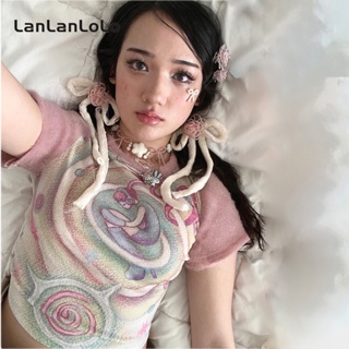 Lanlanlolo เสื้อยืดลําลอง แขนสั้น คอกลม ผ้าถัก พิมพ์ลาย สําหรับสตรี 2023