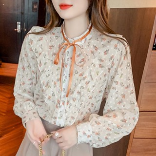 เสื้อเบลาส์ แขนยาว ผ้าชีฟอง ลายดอกไม้ สําหรับผู้หญิง LST8380#