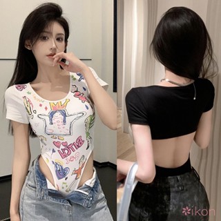 ชุดบอดี้สูท แขนสั้น คอสี่เหลี่ยม พิมพ์ลายเค้กนม Y2K สําหรับผู้หญิง