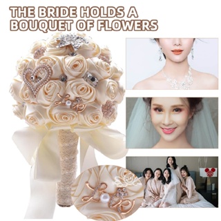 Bridal Bouquet Rose Pearls Rhinestone Wedding Bridesmaid Artificial Flower Decor