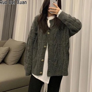 Ruo Bei Xuan ลมขี้เกียจใหม่ของผู้หญิงยาวปานกลางเสื้อสเวตเตอร์ถักนิตติ้งเสื้อโค้ทเกาหลีสวมด้านนอก