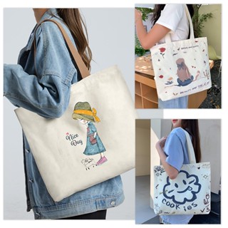 Women Outdoor School Shopping Large Capacity Portable Daily Cartoon Pattern Washable Reusable Canvas Tote