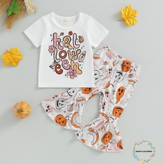 Babyclothes เสื้อยืดแขนสั้น พิมพ์ลายฟักทอง และกางเกงขาบาน แฟชั่นฤดูร้อน สําหรับเด็กผู้หญิง