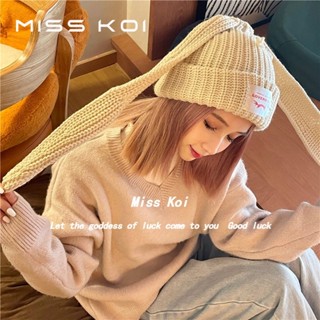 Misskoi [พร้อมส่ง] หมวกผ้าขนสัตว์ถัก หูกระต่าย สไตล์เกาหลี แฟชั่นฤดูใบไม้ร่วง ฤดูหนาว