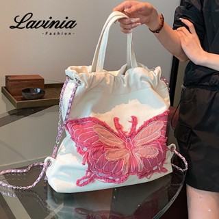 Lavinia กระเป๋าเป้สะพายหลัง ผ้าแคนวาส ปักลายผีเสื้อ สไตล์เกาหลี แฟชั่นสําหรับสตรี 2023
