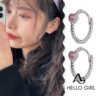 A HELLO GIRL ต่างหูเพทาย รูปหัวใจ สีชมพู สไตล์เกาหลี แฟชั่นสําหรับผู้หญิง