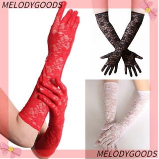 Melodg ถุงมือยาว สีดํา ตาข่าย ลูกไม้ ถุงมือร็อค เซ็กซี่ บางพิเศษ มุมมอง พิมพ์ลายดอกกุหลาบ ถุงมือกันแดด ฮาโลวีน