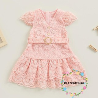 Babyclothes- เด็กวัยหัดเดิน เด็กผู้หญิง ชุดเดรส ลูกไม้ กลวง ออก คอวี แขนบิน ชุดเดรส แฟชั่นฤดูร้อน เจ้าหญิง ชุดเดรส พร้อมเข็มขัด