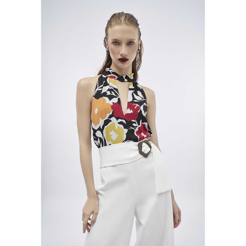 f.fashion เสื้อเบลาส์แต่งคล้องคอลายฟลอรัล ผู้หญิง | Floral Print Halterneck Top | 06074