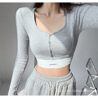 พร้อมส่ง ♥️ เซ็กซี่ผอมผอมครอปเสื้อแขนยาวสําหรับผู้หญิง, สาวร้อนเดียวกระดุมคอวีเสื้อชั้นในด้านบน SK51383