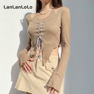 Lanlanlolo เสื้อยืดแขนยาว สีพื้น เรียบง่าย แฟชั่นสําหรับผู้หญิง 2023