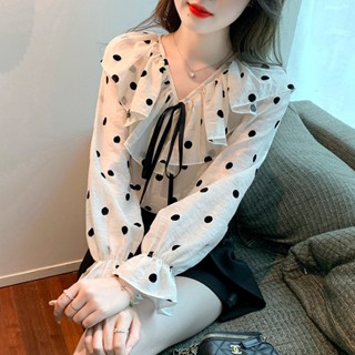 เสื้อเชิ้ต ผ้าชีฟอง พิมพ์ลายจุด และดอกบัว แต่งลูกไม้ หรูหรา แฟชั่นฤดูใบไม้ร่วง สําหรับผู้หญิง