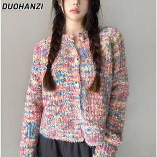 Duohanzi เสื้อกันหนาว เสื้อคาร์ดิแกน คอกลม ผ้าถัก คละสี สีขาว สําหรับผู้หญิง