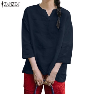 Zanzea เสื้อเบลาส์ คอวี แขนสามส่วน สีพื้น สไตล์เกาหลี สําหรับผู้หญิง