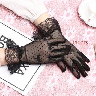 Cleoes ถุงมือตาข่าย ลูกไม้ โบว์ แบบเต็มนิ้ว สีดํา สีขาว สั้น สําหรับงานแต่งงาน ฤดูร้อน