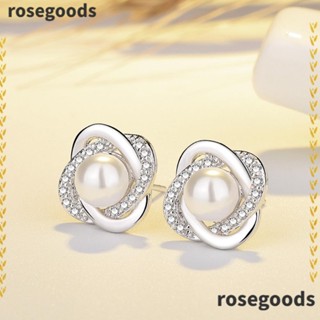 Rosegoods1 ต่างหูสตั๊ด ประดับไข่มุกคริสตัล สีเงิน คุณภาพสูง สําหรับผู้หญิง 2 ชิ้น