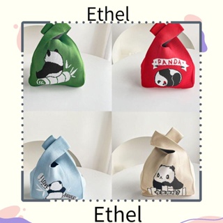 Ethel1 กระเป๋าถือ ผ้าถัก แฮนด์เมด ความจุสูง ลายแพนด้า สําหรับนักเรียน