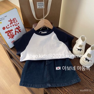 Korean style childrens clothing 2023 Summer new girls round neck color matching short-sleeved T-shirt set childrens denim overskirt two-piece set NJBS