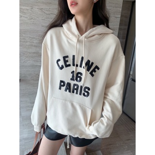 AD3I CEL Beaute 2023 autumn and winter New letter logo pearl embroidery hooded sweater womens fashion all-match milk tea color elegant retro