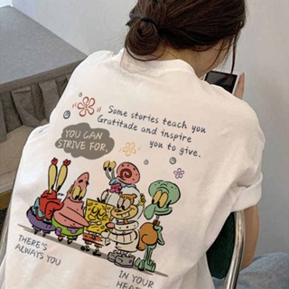 เสื้อยืดคอกลม แขนสั้น ผ้าฝ้ายแท้ พิมพ์ลายการ์ตูน SpongeBob โอเวอร์ไซซ์ แฟชั่นฤดูร้อน