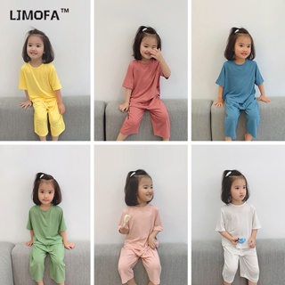 LJMOFA KIDS 1-7ปี ชุดนอน เสื้อแขนสั้น กางเกงขายาว ผ้าฝ้าย แบบบาง ใส่สบาย หลากสี แฟชั่นฤดูร้อน สําหรับเด็กผู้หญิง 2 ชิ้น ต่อชุด