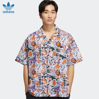 Adidas ของแท้ เสื้อเชิ้ตแขนสั้น คอปก ปักลายโลโก้ ทรงหลวม สําหรับผู้ชาย และผู้หญิง HR6450 HR6458