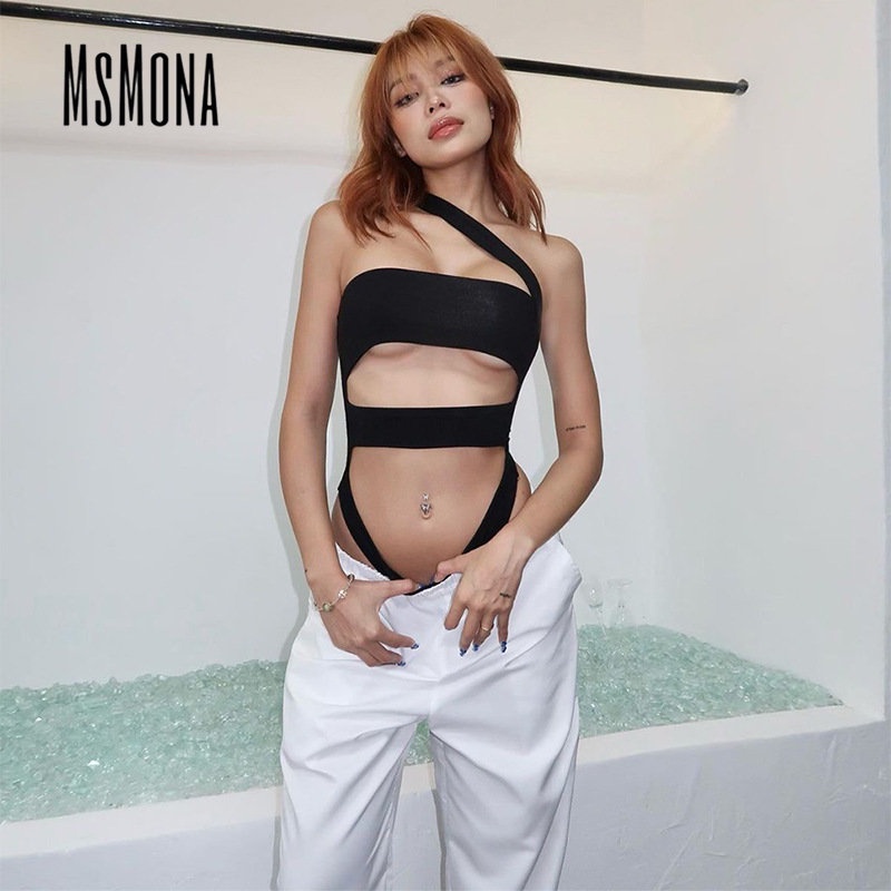 MsMona ผู้หญิงแฟชั่นสีทึบ Halter Diagonal Collar แขนกุด Hollow Slim Fit ชุดบอดี้สูทเซ็กซี่