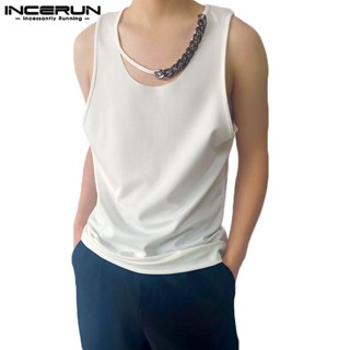 Incerun เสื้อกล้ามลําลอง คอกลม ทรงหลวม แต่งสายโซ่