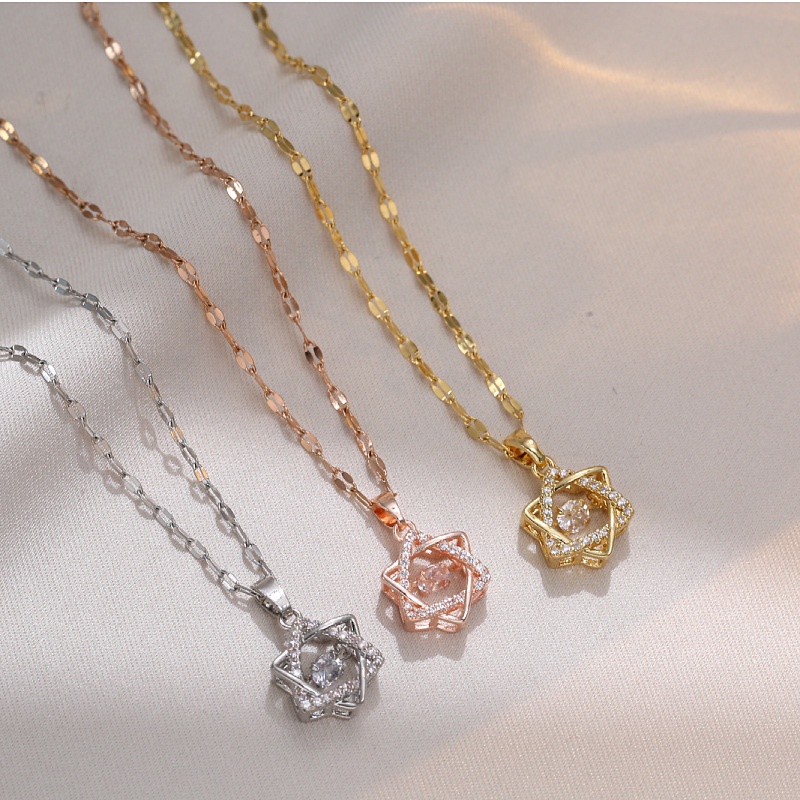 Yinuovo สแตนเลส -กันน้ํา-สร้อยคอจี้หกเหลี่ยมเพชรเรียงรายของขวัญเครื่องประดับหกดาว