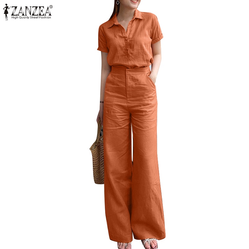 Zanzea ผู้หญิง เกาหลี ลําลอง แขนสั้น คอวี และตรง หลวม กางเกง ชุดสองชิ้น