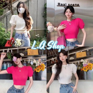 L.A Shop พร้อมส่ง เสื้อไหมพรมแขนสั้นคอกลม ดีเทลลายเปีย "E238New" -C