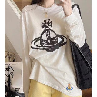 Vivienne Westwood Saturn เสื้อยืดแขนยาว ทรงหลวม ใส่สบาย พิมพ์ลาย เข้ากับทุกการแต่งกาย สไตล์บอททอม