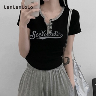 Lanlanlolo เสื้อยืดลําลอง แขนสั้น คอกลม เข้ารูป สีพื้น สําหรับสตรี 2023