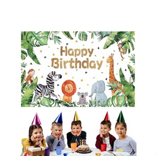 Party Decoration Hanging Cute Cartoon Banner Celebration Photo Booth Jungle Animals Happy Birthday Backdrop