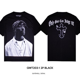 พร้อมส่ง ผ้าฝ้ายบริสุทธิ์ QWT203-1 2P BLACK Bootleg เสื้อยืดสีดำ T-shirt