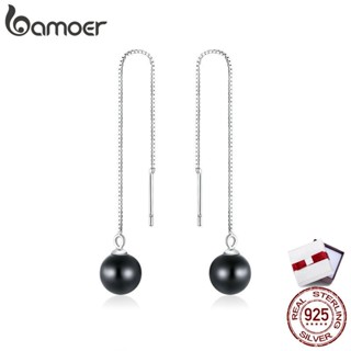 BAMOER Women Black Stone Long Tassel Ear Line 925 Sterling Silver