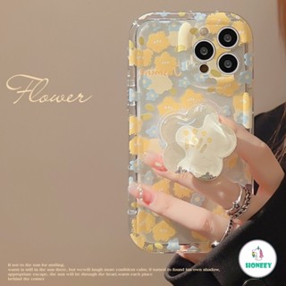 เคสโทรศัพท์มือถือแบบนิ่ม ใส ลายดอกไม้สีเหลือง พร้อมที่ตั้งวาง สําหรับ iPhone 14 13 12 11 Pro Max 14 Plus