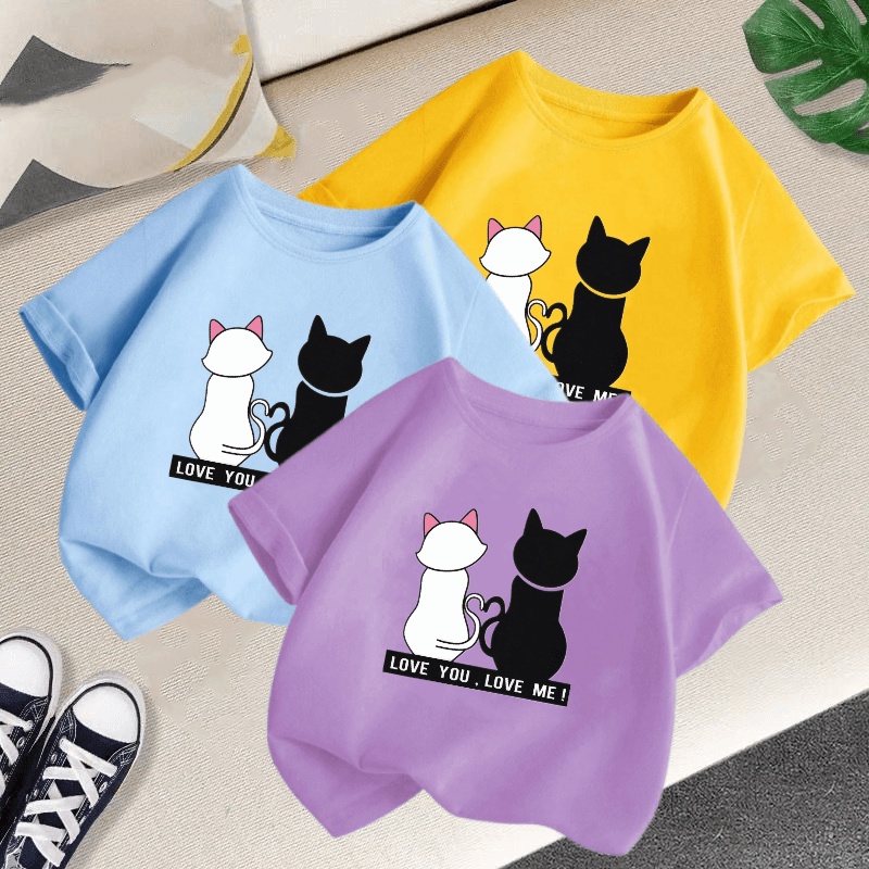 เสื้อยืดแขนสั้น คอกลม แบบนิ่ม พิมพ์ลายการ์ตูนแมวน่ารัก สีแคนดี้ สําหรับเด็กผู้ชาย และเด็กผู้หญิง ไซซ์ 3-12 นิ้ว