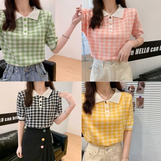 perbit_grace*แบบใหม*3952-2   เสื้อไหมพรมแขนสั้น คอโปโล มาการองสี ลายตารางน่ารักคิ้วสไตล์เกาหลี