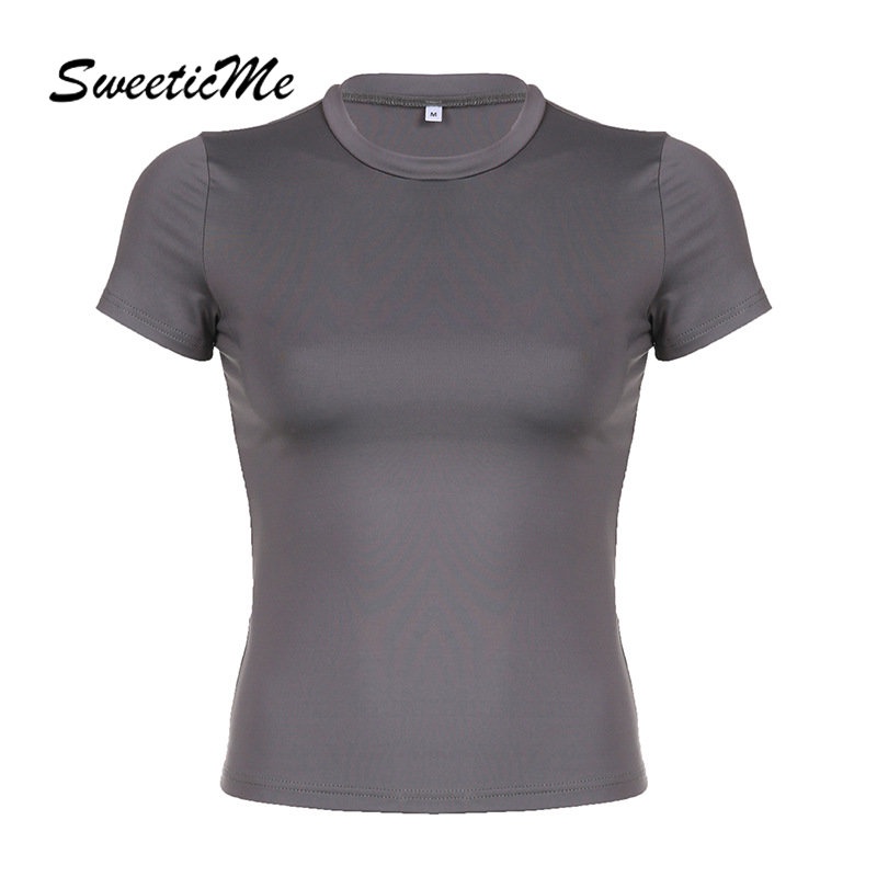 Sweeticme ใหม่ เสื้อยืดลําลอง แขนสั้น คอกลม สีพื้น เข้ารูป เข้ากับทุกการแต่งกาย แฟชั่นสําหรับสตรี 2023