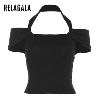 Relagala ใหม่ เสื้อยืดลําลอง แขนสั้น คอปก เข้ารูป สีพื้น เซ็กซี่ แฟชั่นสําหรับสตรี 2023