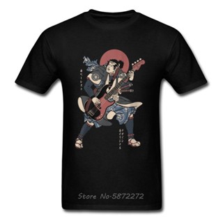 เสื้อยืด พิมพ์ลาย Samurai Bassist Electric Guitar Happy สไตล์เรโทร สําหรับผู้ชาย