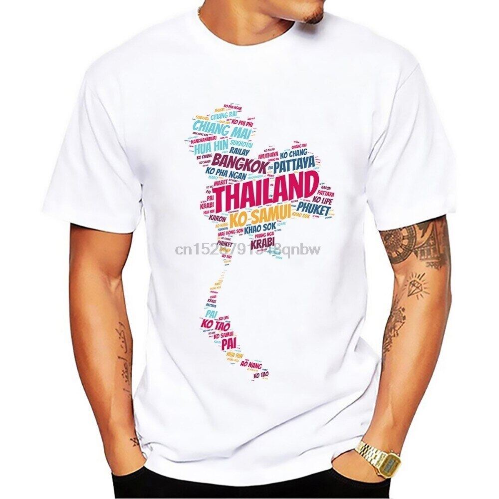 ประเทศไทยเมืองชื่อคำเมฆแผนที่เสื้อยืดผู้ชายฤดูร้อนใหม่สีขาวแขนสั้นลำลอง H Omme เสื้อยืดความละเอียดสู