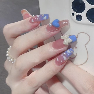 （เครื่องมือให้อาหาร）เล็บแฟชั่น เล็บปลอม ชนิดอะคริลิค สไตล์ฝรั่งเศส สีขาว ชมพู 24 ชิ้น