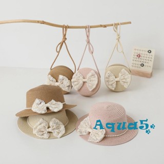 Aqq- ชุดกระเป๋าหมวกฟางปีกกว้าง ประดับโบว์ กันแดด เหมาะกับฤดูร้อน สําหรับเด็กผู้หญิง