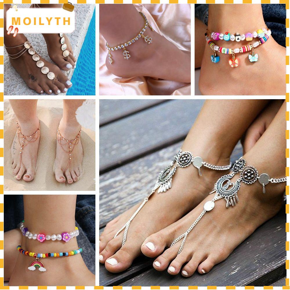 Moilyth สร้อยข้อเท้า ลูกปัด สีทอง ฤดูร้อน ชายหาด โบฮีเมียน เครื่องประดับ ของขวัญ สร้อยข้อเท้า ลูกปัดข้าว